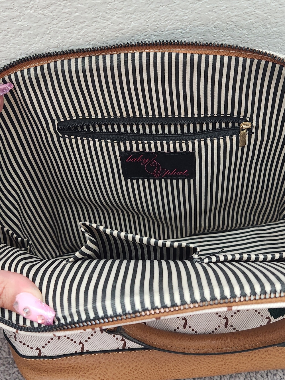 Baby Phat Tan Tote with Black & White Striped Interior